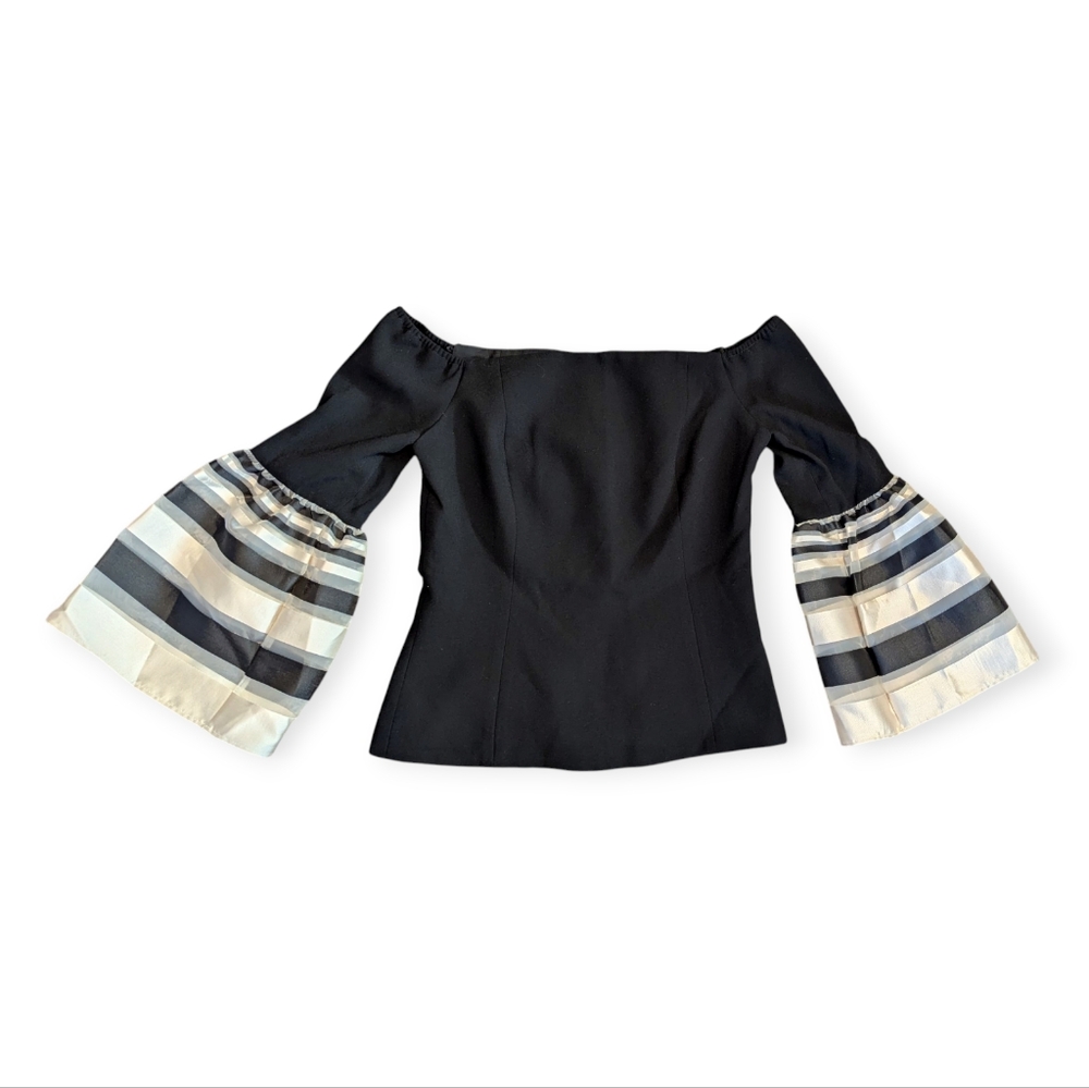 Intermix Elegant Black Off-Shoulder Top Blouse with Striped Statement Sleeves